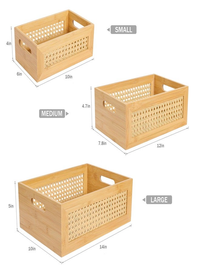 ANMINY Rattan Storage Basket Set of 3 Natural Bamboo Wooden Baskets with Handles Desktop Decorative Wicker Storage Basket Wood Nesting Crates Home Sundry Office Drawer Shelf Organizer - Image 3